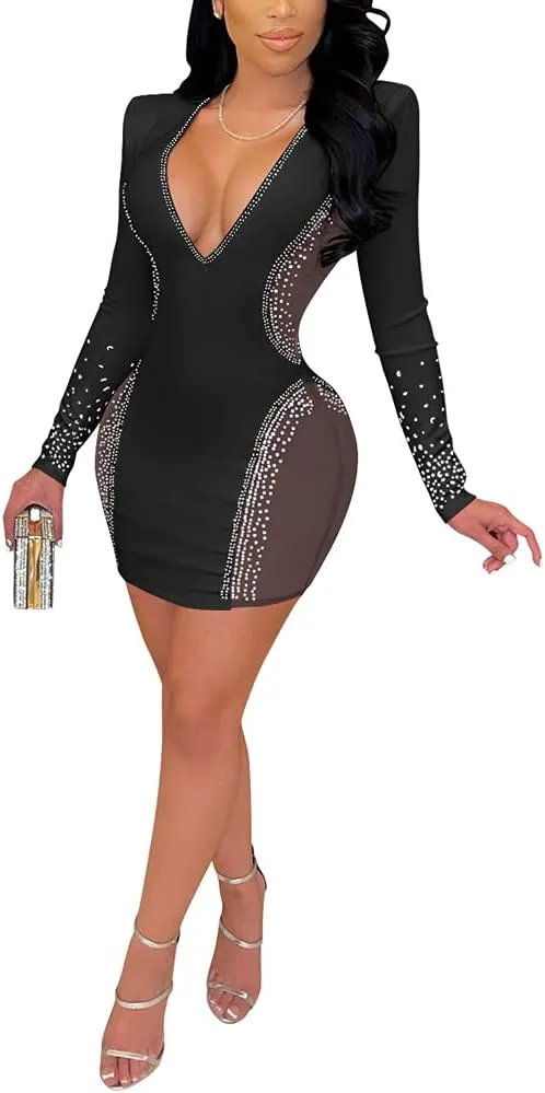 JUNBOON Women's Sexy Mesh See Through Rhinestone Bodycon Zipper Midi Dress Clubwear Outfit