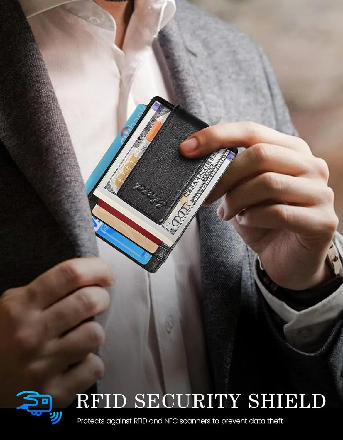 kinzd Money Clip, Front Pocket Wallet, Leather RFID Blocking Strong Magnet thin Wallet