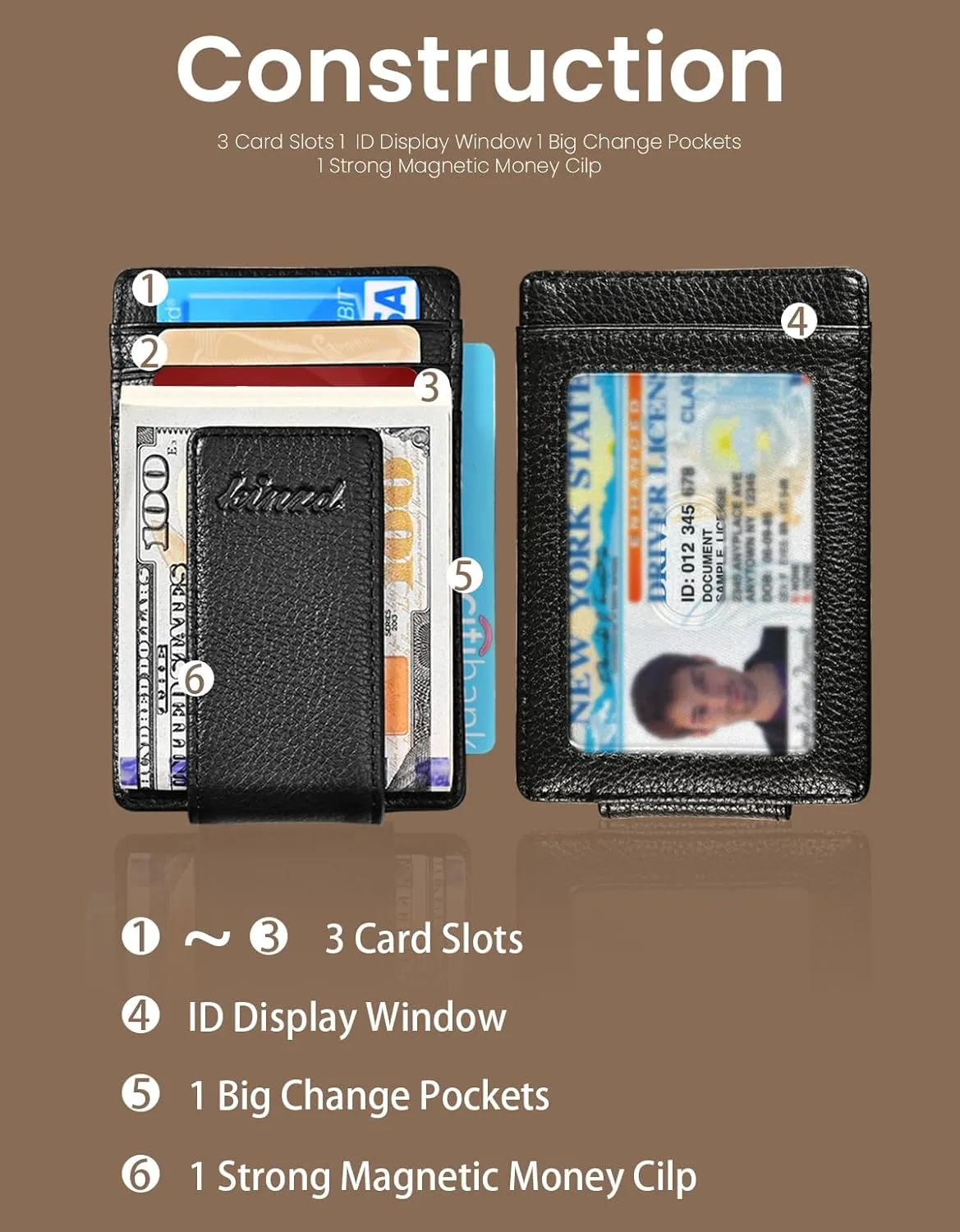 kinzd Money Clip, Front Pocket Wallet, Leather RFID Blocking Strong Magnet thin Wallet
