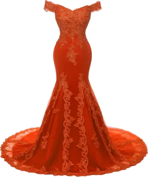 Kivary Off Shoulder Mermaid Long Lace Beaded Prom Dress Corset Evening Gowns