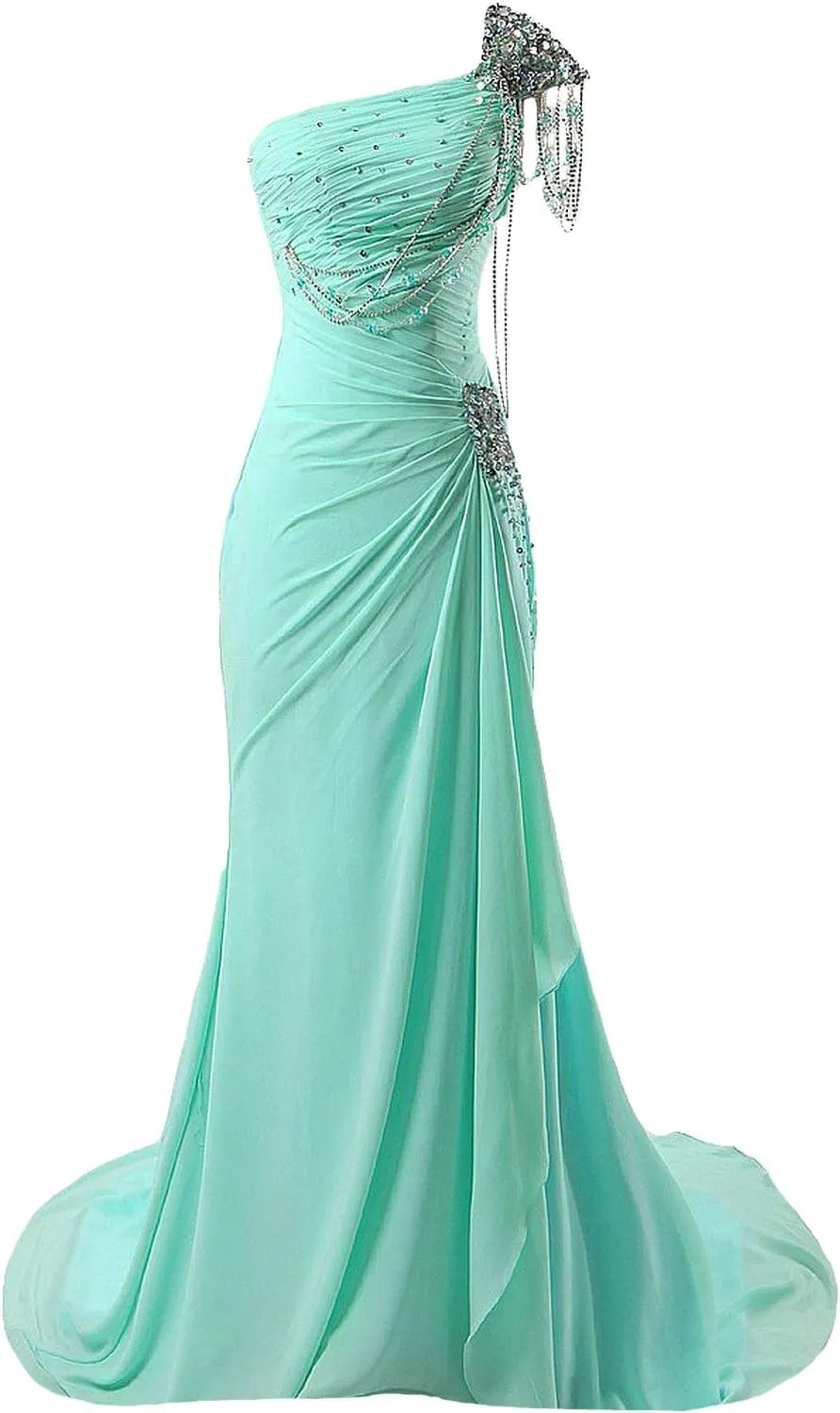Kivary® Women's Beaded One Shoulder Crystals Chiffon Long Corset Prom Evening Dresses