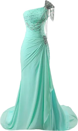 Kivary® Women's Beaded One Shoulder Crystals Chiffon Long Corset Prom Evening Dresses