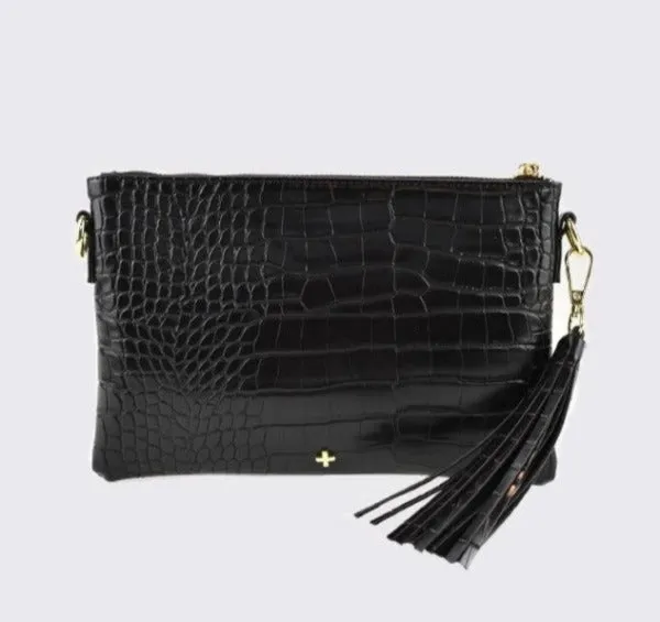 Kourtney Crossbody Bag with Tassel Black Croc
