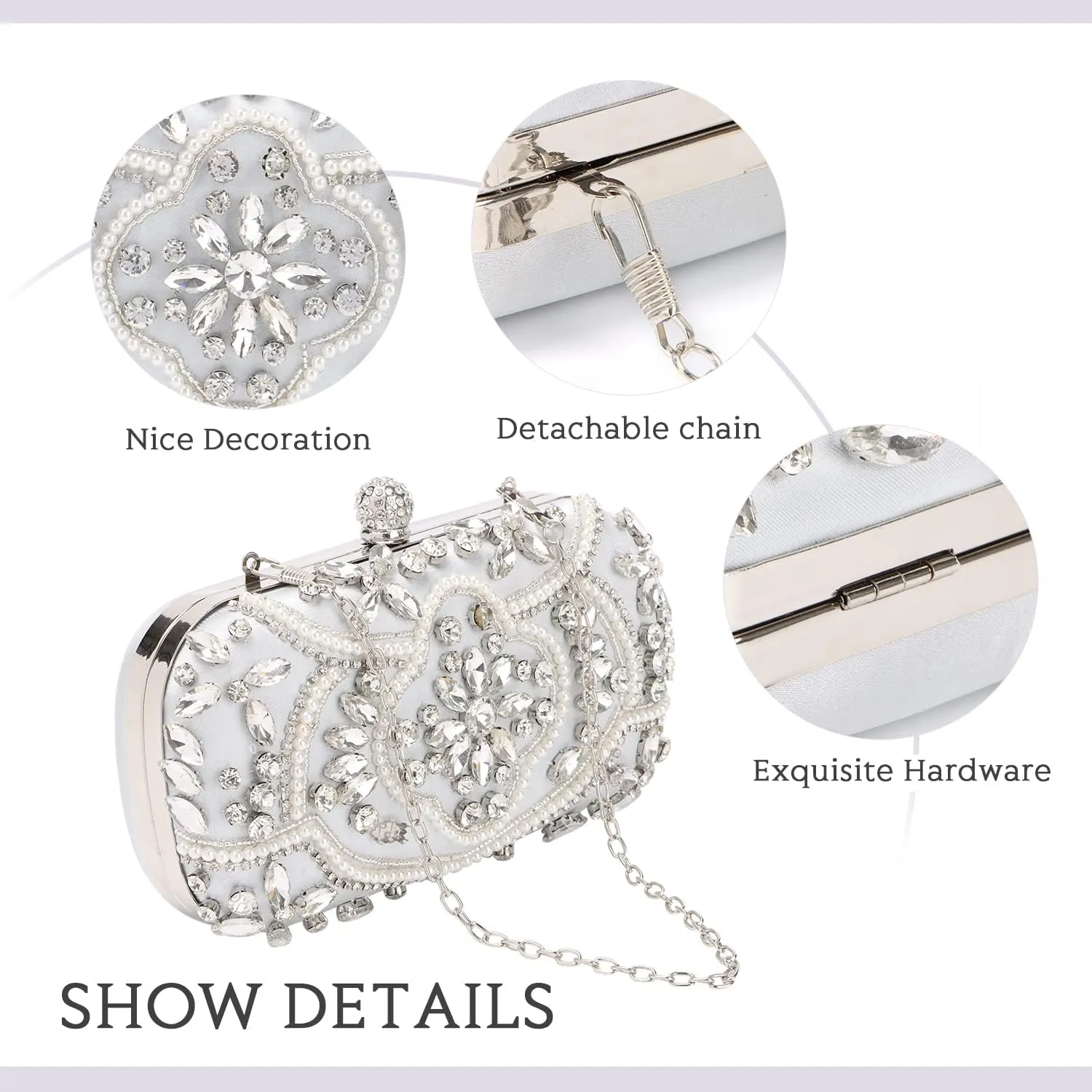 KUANG! Women Beaded Clutch Evening Bag Fashion Rhinestone Diamond Wedding Handbag Bridal Purse for Party