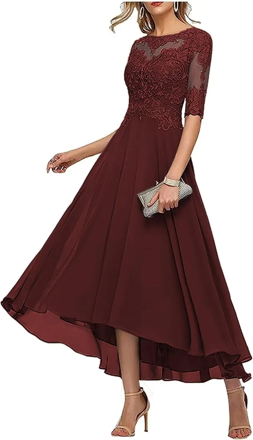 Lace Appliques Mother of The Bride Dresses for Wedding 3/4 Sleeve Tea Length Beaded Formal Evening Prom Dress