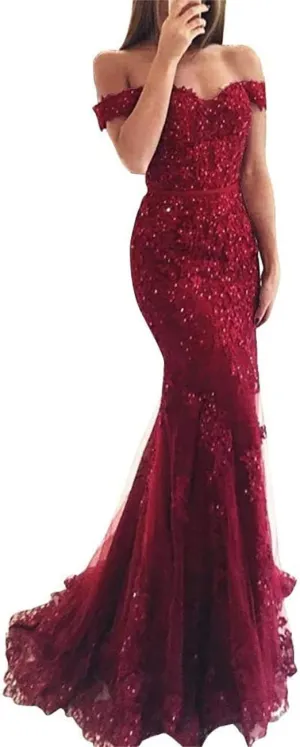 Lace Beaded Tulle Long Evening Dress Off Shoulder Mermaid Formal Party Gown