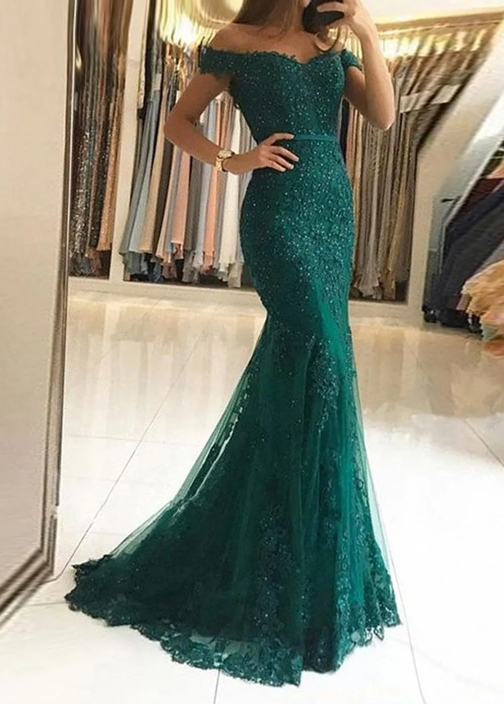 Lace Beaded Tulle Long Evening Dress Off Shoulder Mermaid Formal Party Gown