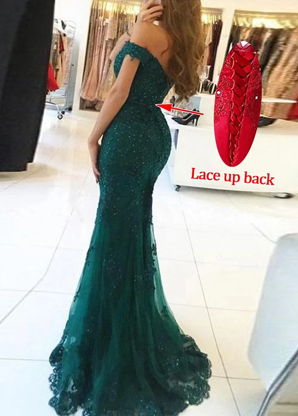 Lace Beaded Tulle Long Evening Dress Off Shoulder Mermaid Formal Party Gown
