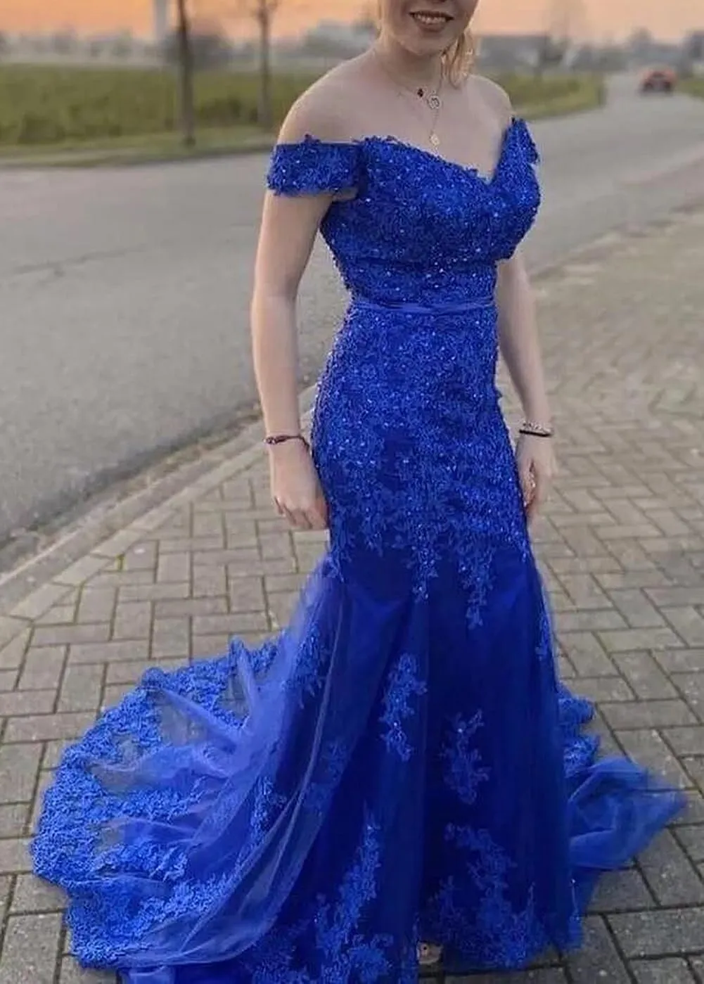 Lace Beaded Tulle Long Evening Dress Off Shoulder Mermaid Formal Party Gown