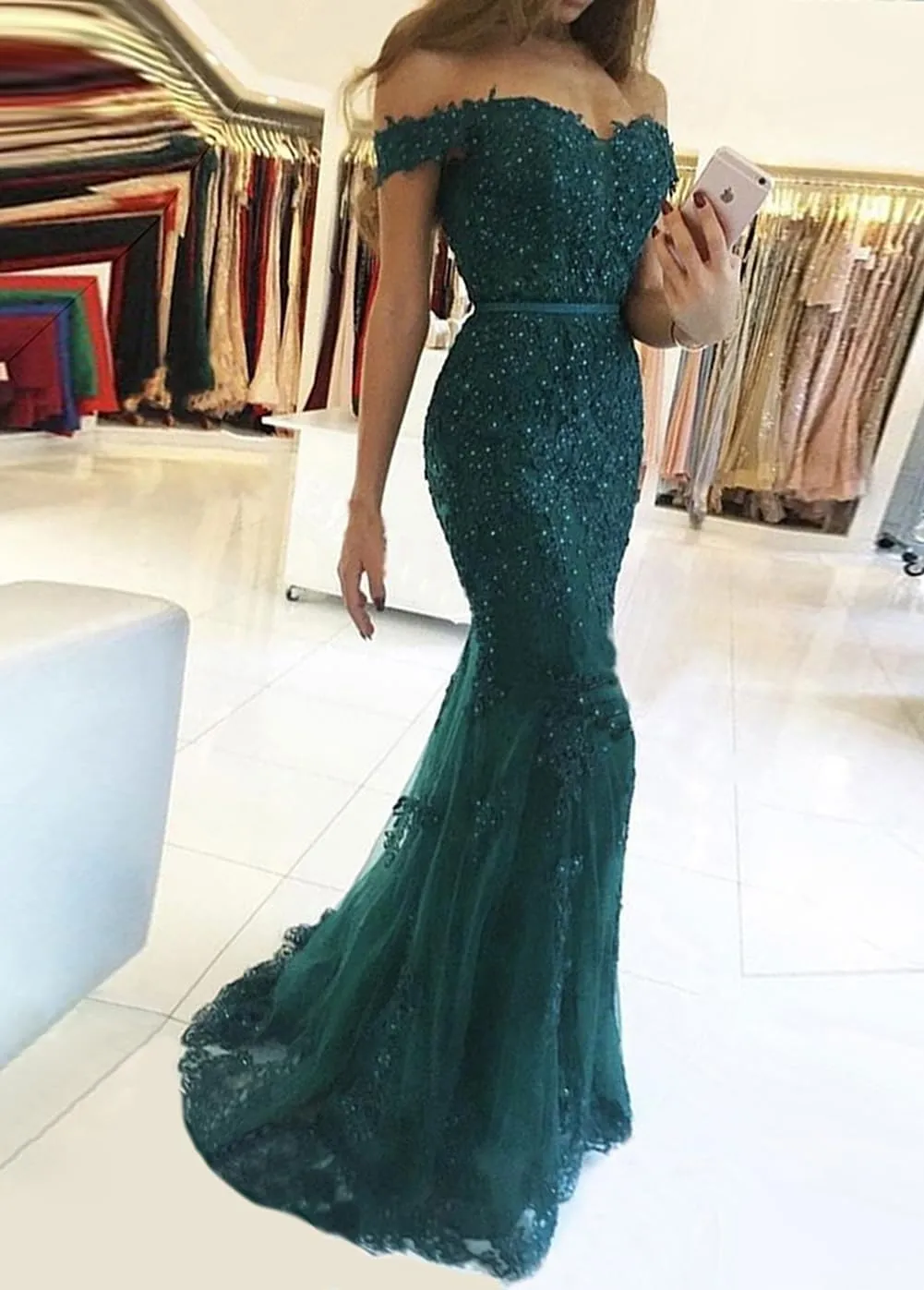 Lace Beaded Tulle Long Evening Dress Off Shoulder Mermaid Formal Party Gown
