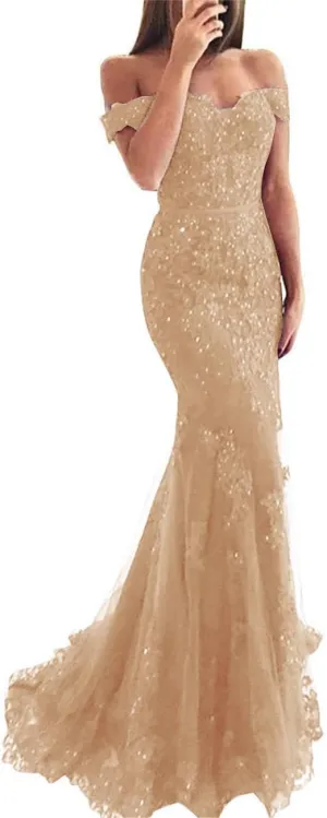 Lace Beaded Tulle Long Evening Dress Off Shoulder Mermaid Formal Party Gown