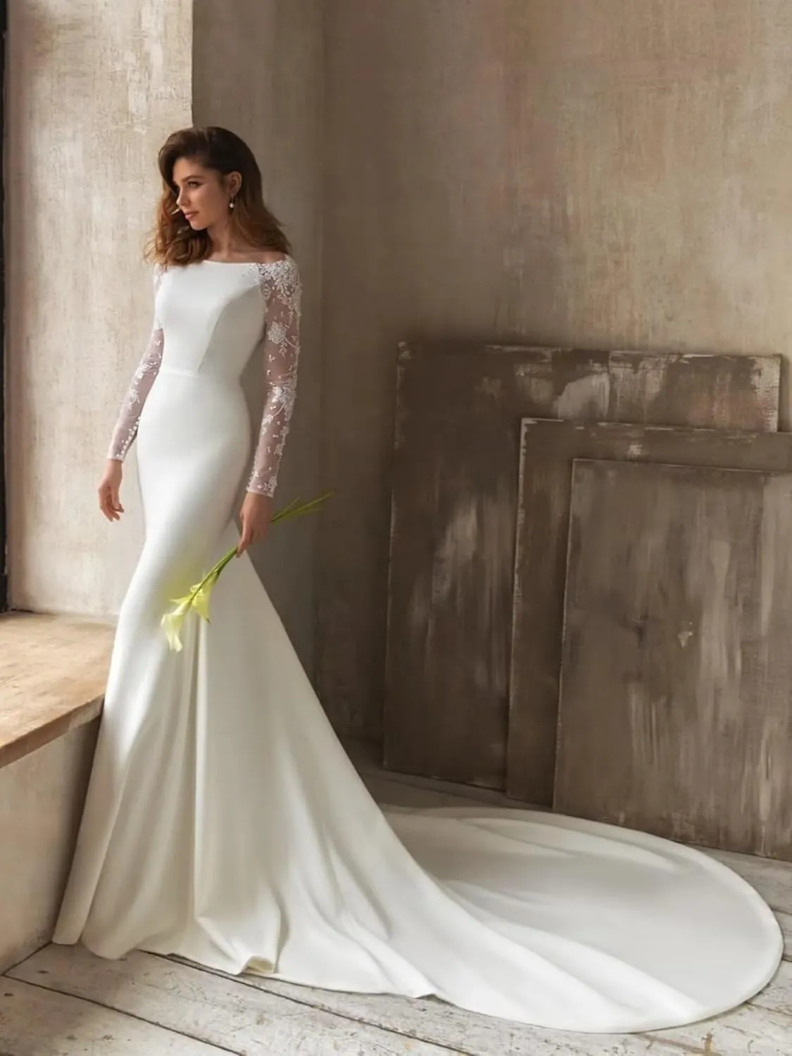 Lace Mermaid Wedding Dresses for Bride 2025 Long Sleeve Beach Bridal Gowns Satin Boho Bridal Dresses