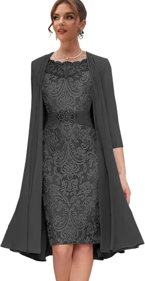 Lace Mother of The Bride Dresses with Jacket Long Sleeve Formal Dress 2 Pieces Evening Gowns for Women