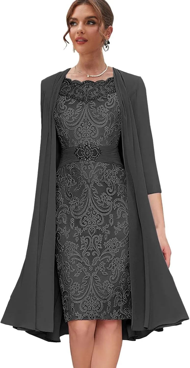 Lace Mother of The Bride Dresses with Jacket Long Sleeve Formal Dress 2 Pieces Evening Gowns for Women