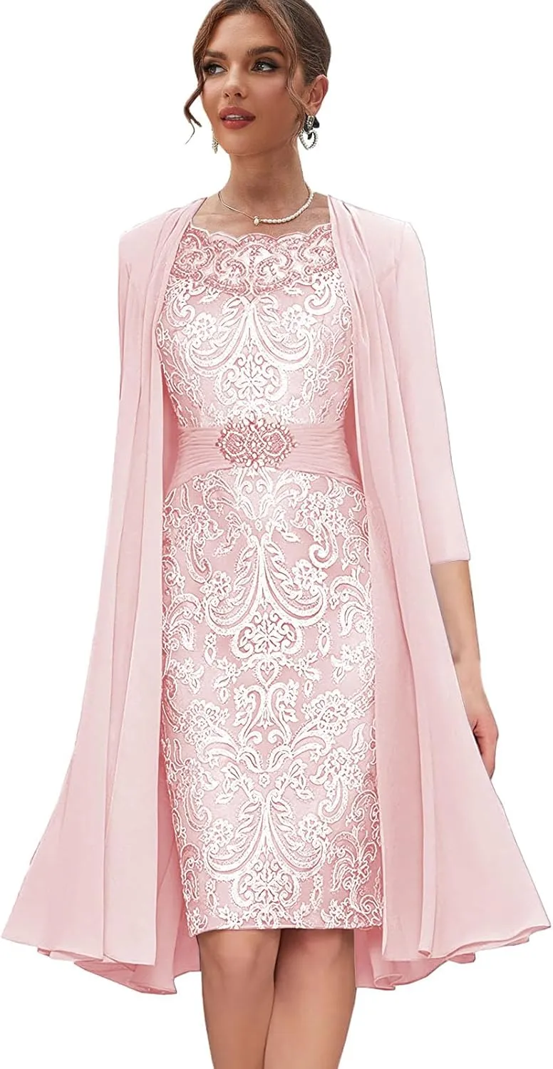 Lace Mother of The Bride Dresses with Jacket Long Sleeve Formal Dress 2 Pieces Evening Gowns for Women
