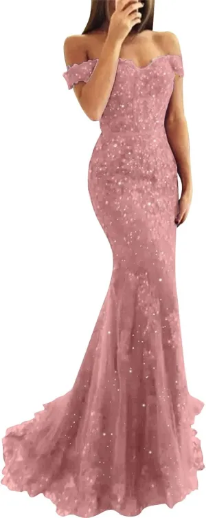 Lace Prom Dress Mermaid Off The Shoulder Formal Dress Evening Party Gowns with Train