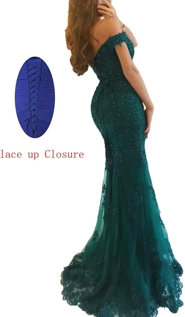 Lace Prom Dresses for Women Off Shoulder Mermaid Prom Dress Long Formal Evening Party Dress with Train PM040