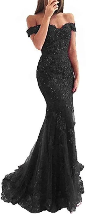 Lace Prom Dresses for Women Off Shoulder Mermaid Prom Dress Long Formal Evening Party Dress with Train PM040