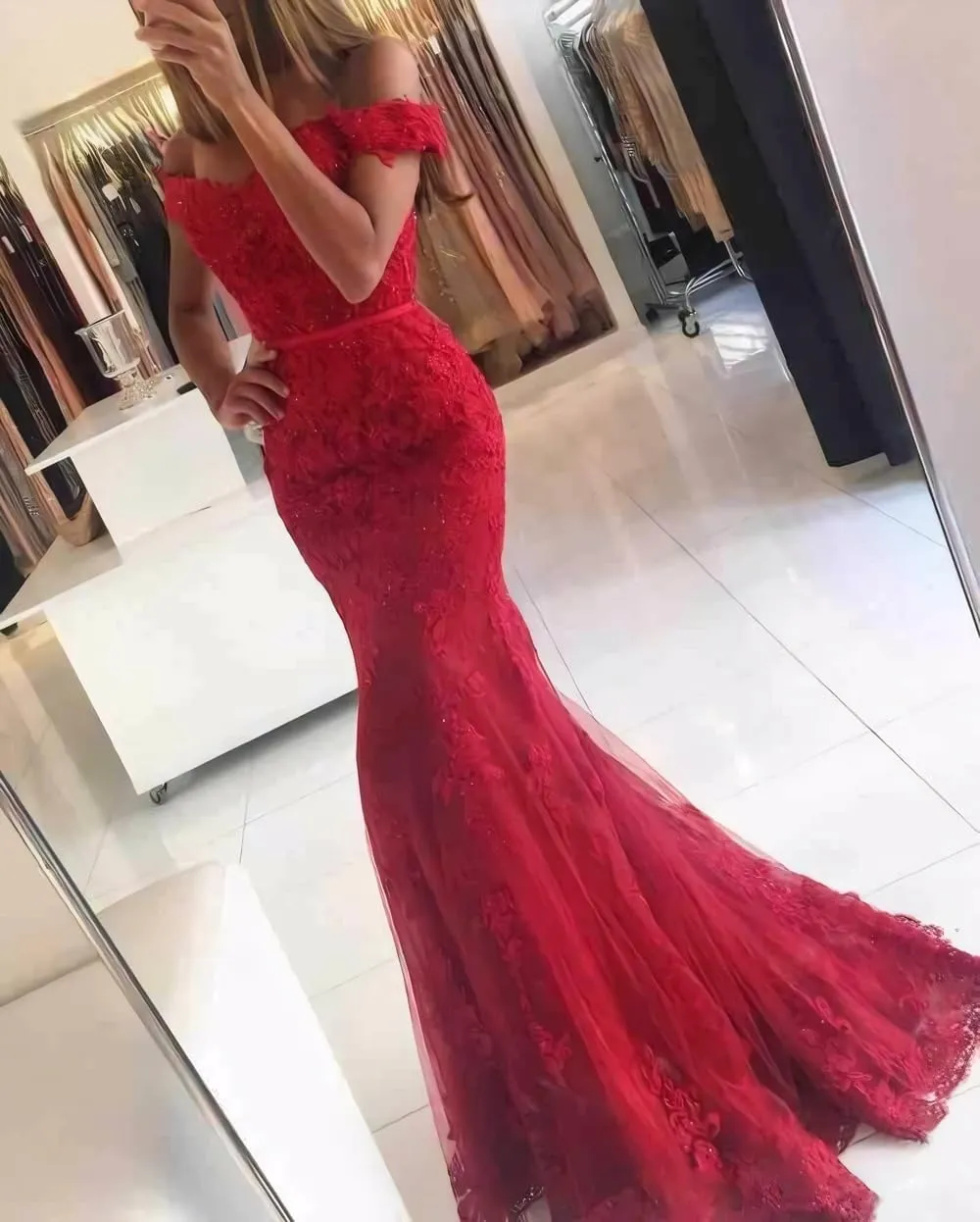 Lace Prom Dresses for Women Off Shoulder Mermaid Prom Dress Long Formal Evening Party Dress with Train PM040