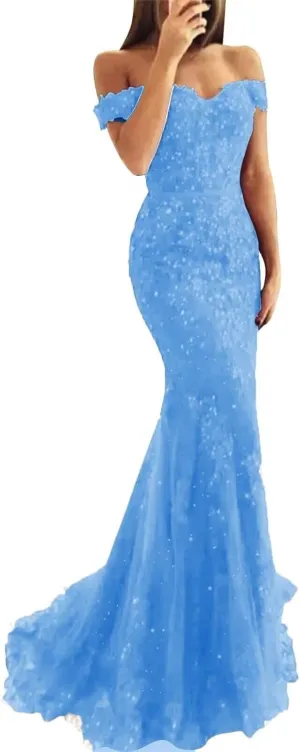 Lace Prom Dresses for Women Off Shoulder Mermaid Prom Dress Long Formal Evening Party Dress with Train PM040