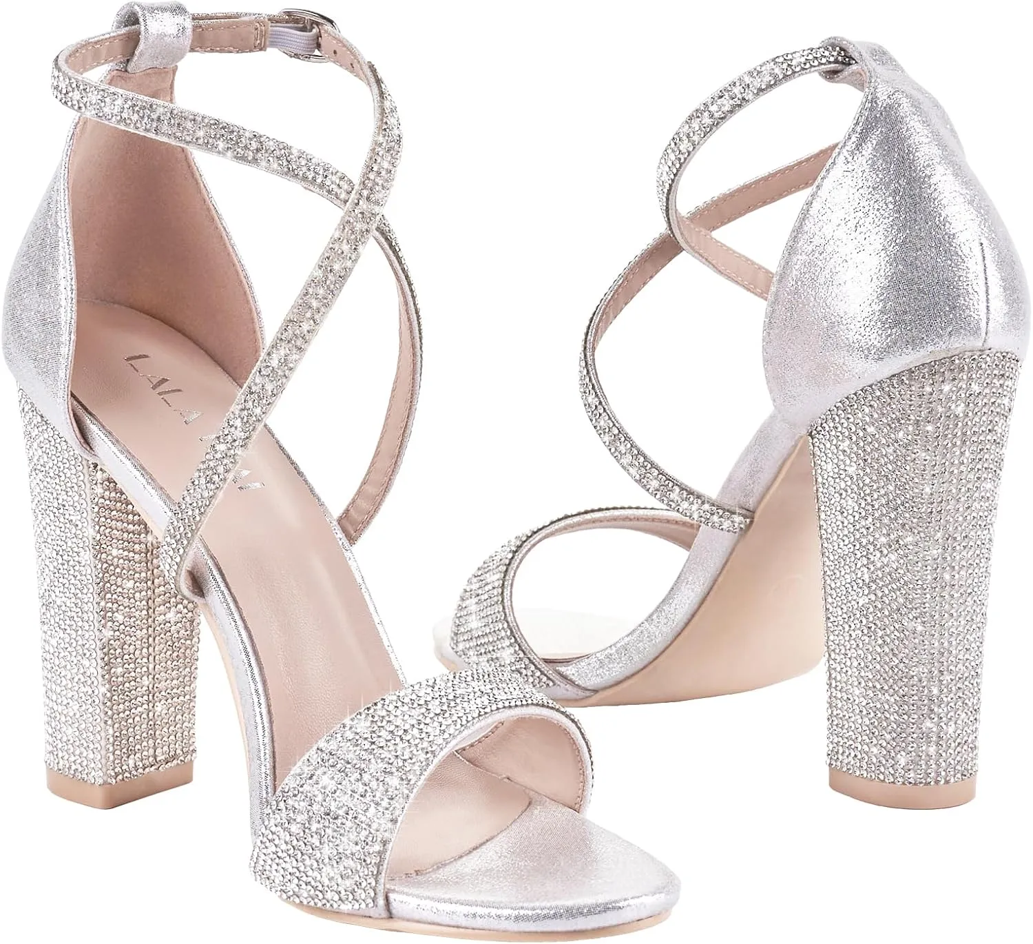 LALA IKAI Women's Strappy Chunky Block Sandals Rhinestone High Heels For Dress Wedding Party Evening Office Shoes