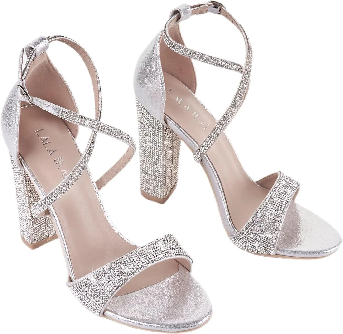 LALA IKAI Women's Strappy Chunky Block Sandals Rhinestone High Heels For Dress Wedding Party Evening Office Shoes