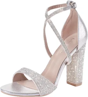 LALA IKAI Women's Strappy Chunky Block Sandals Rhinestone High Heels For Dress Wedding Party Evening Office Shoes