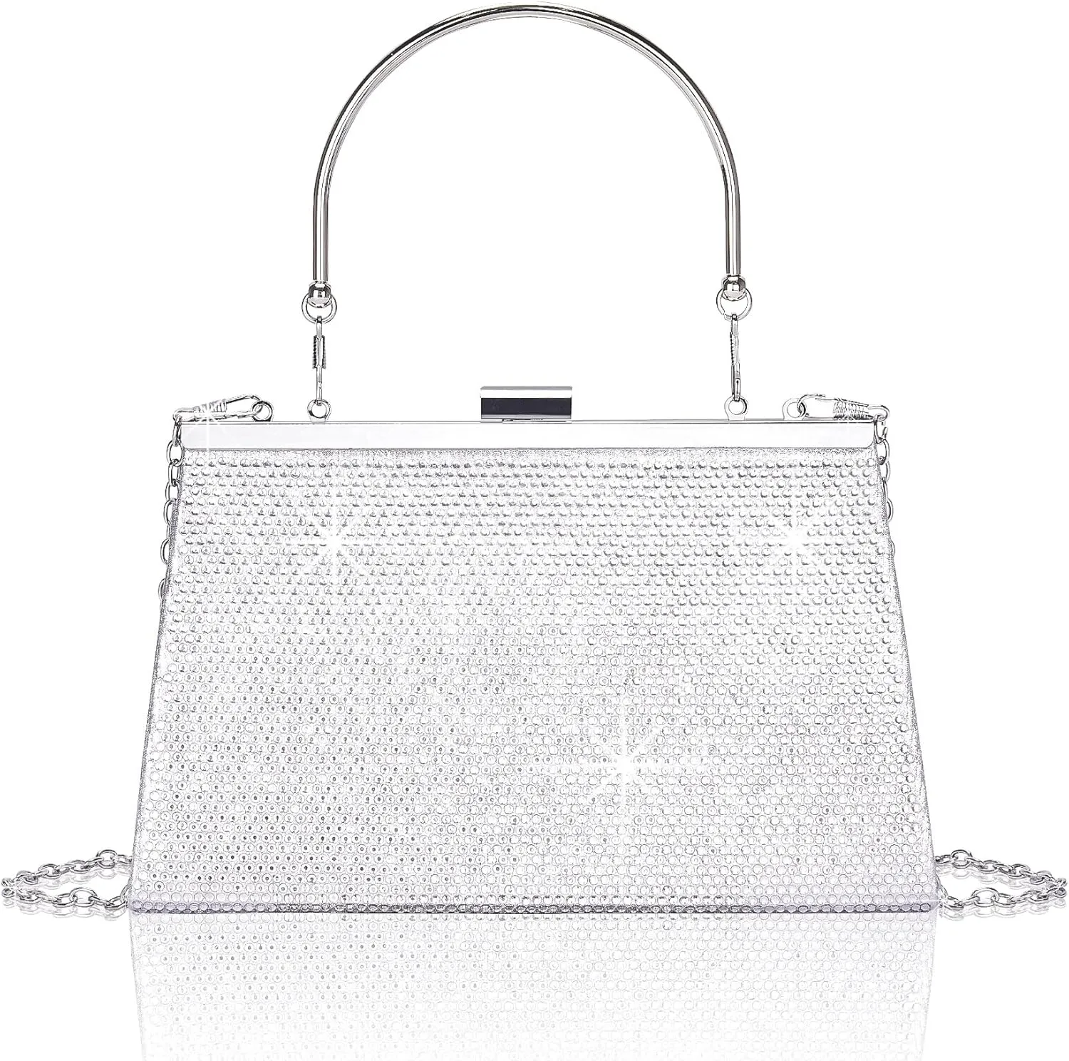 Larcenciel Women's Evening Handbags, Sparkly Top-Handle Rhinestone Purse w/Chain, Fashion Diamond Silver Clutch Cross Body Bag for Prom, Party, Wedding, Cocktail, Date, Formal Events,9.8x4.5x2.7inches