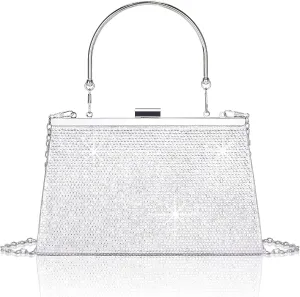 Larcenciel Women's Evening Handbags, Sparkly Top-Handle Rhinestone Purse w/Chain, Fashion Diamond Silver Clutch Cross Body Bag for Prom, Party, Wedding, Cocktail, Date, Formal Events,9.8x4.5x2.7inches