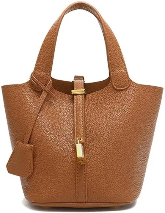 Large Capacity Handbag Soft Leather Bucket Bag, Top Handle with Lock Closure