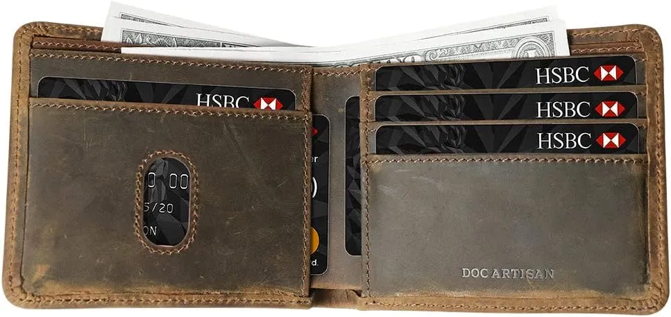 Leather Wallet for Men | 100% Genuine Full Grain Leather Bifold Wallet (Wood)