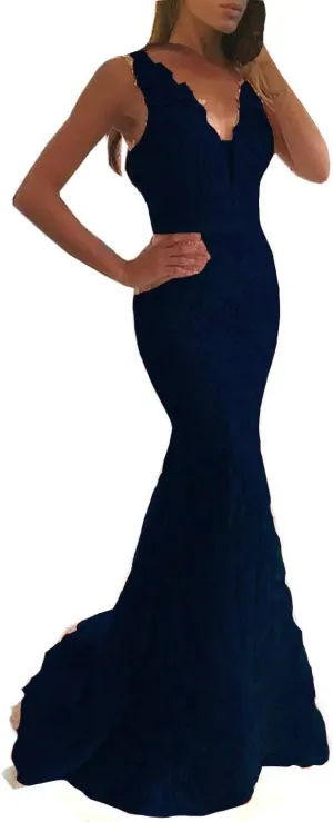 Lemai Women Beaded Lace Mermaid Long V Neck Prom Dresses Formal Evening Gown