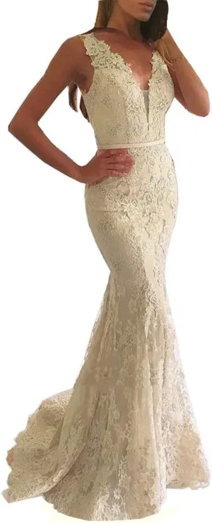 Lemai Women Beaded Lace Mermaid Long V Neck Prom Dresses Formal Evening Gown
