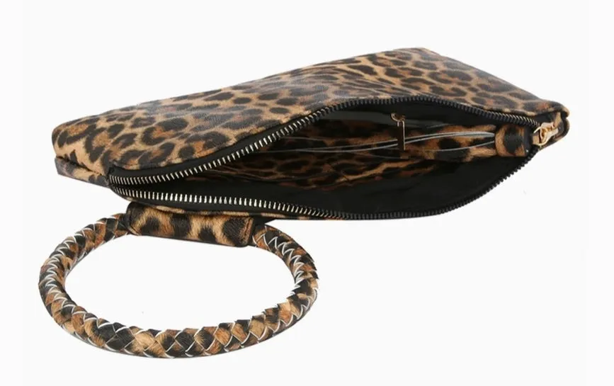 Leopard Cuff Handle Tassel Wristlet Clutch Bag