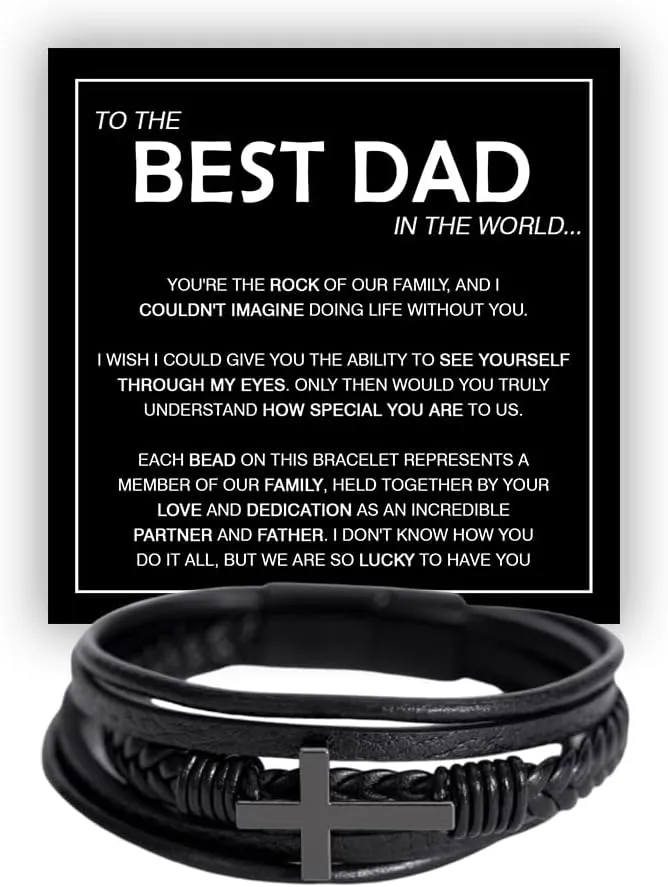 Love You Forever Leather Bracelet for Dad – Cross Charm Wristband with Message Card – Meaningful Father's Day or Birthday Gift from Son or Daughter (Version 3)