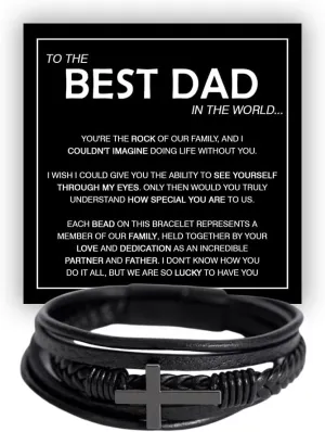 Love You Forever Leather Bracelet for Dad – Cross Charm Wristband with Message Card – Meaningful Father's Day or Birthday Gift from Son or Daughter (Version 3)