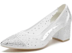 Low Block Heel Wedding Shoes for Bride - Closed Toe Glitter Bridal Beaded Evening Footwear