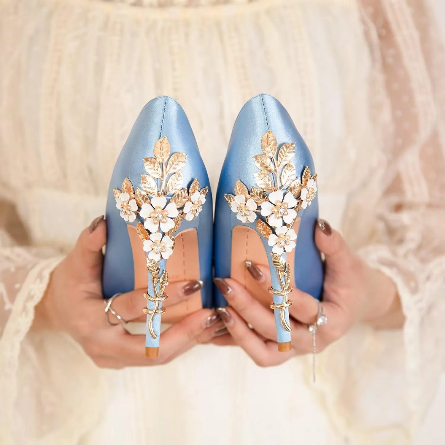 LUXINYU Women Pointed Toe Heels Elegant Satin Stiletto Fashion Metal Flower Rhinestone Wedding Dress Shoes Ladies Evening Party Pumps
