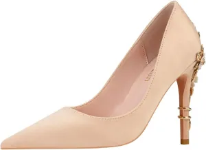LUXINYU Women Pointed Toe Heels Elegant Satin Stiletto Fashion Metal Flower Rhinestone Wedding Dress Shoes Ladies Evening Party Pumps