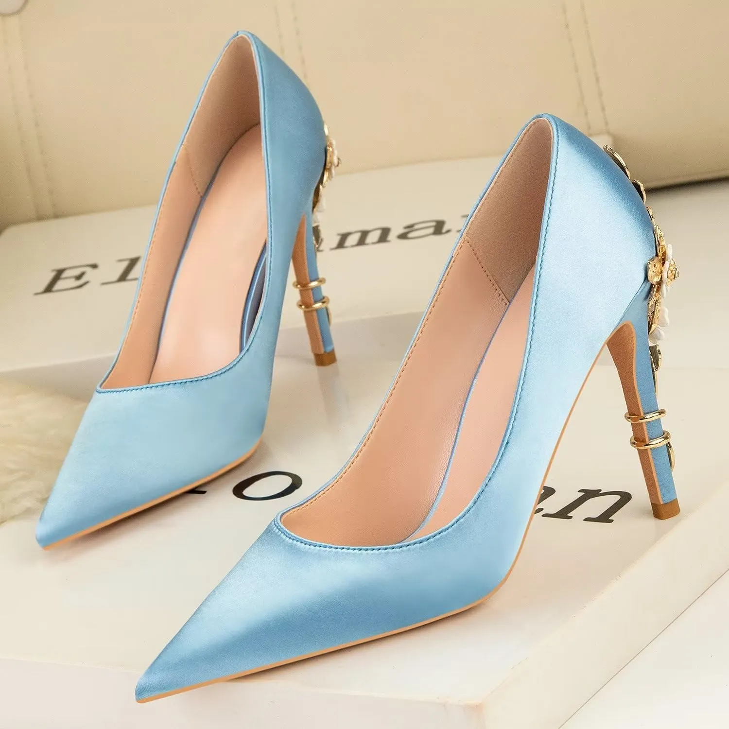 LUXINYU Women Pointed Toe Heels Elegant Satin Stiletto Fashion Metal Flower Rhinestone Wedding Dress Shoes Ladies Evening Party Pumps