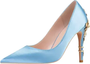 LUXINYU Women Pointed Toe Heels Elegant Satin Stiletto Fashion Metal Flower Rhinestone Wedding Dress Shoes Ladies Evening Party Pumps