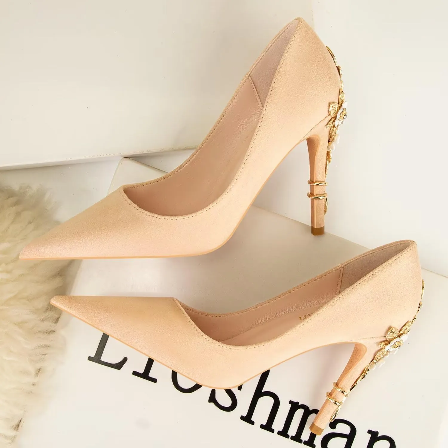 LUXINYU Women Pointed Toe Heels Elegant Satin Stiletto Fashion Metal Flower Rhinestone Wedding Dress Shoes Ladies Evening Party Pumps