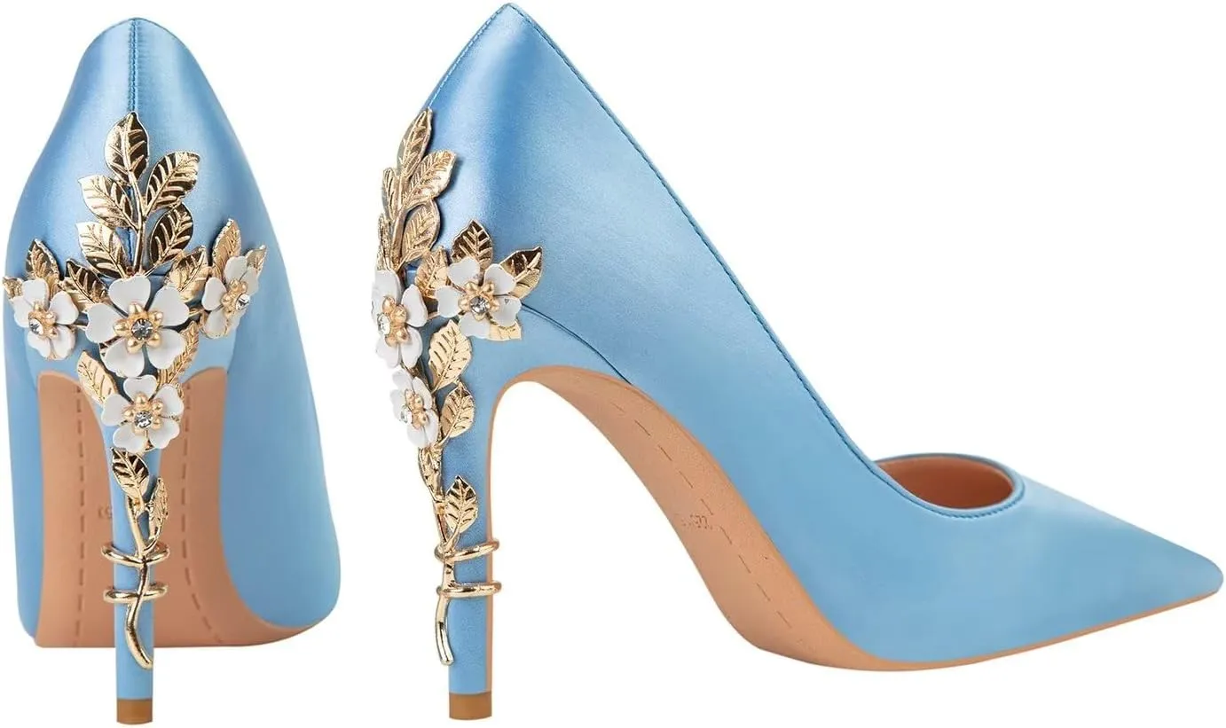 LUXINYU Women Pointed Toe Heels Elegant Satin Stiletto Fashion Metal Flower Rhinestone Wedding Dress Shoes Ladies Evening Party Pumps