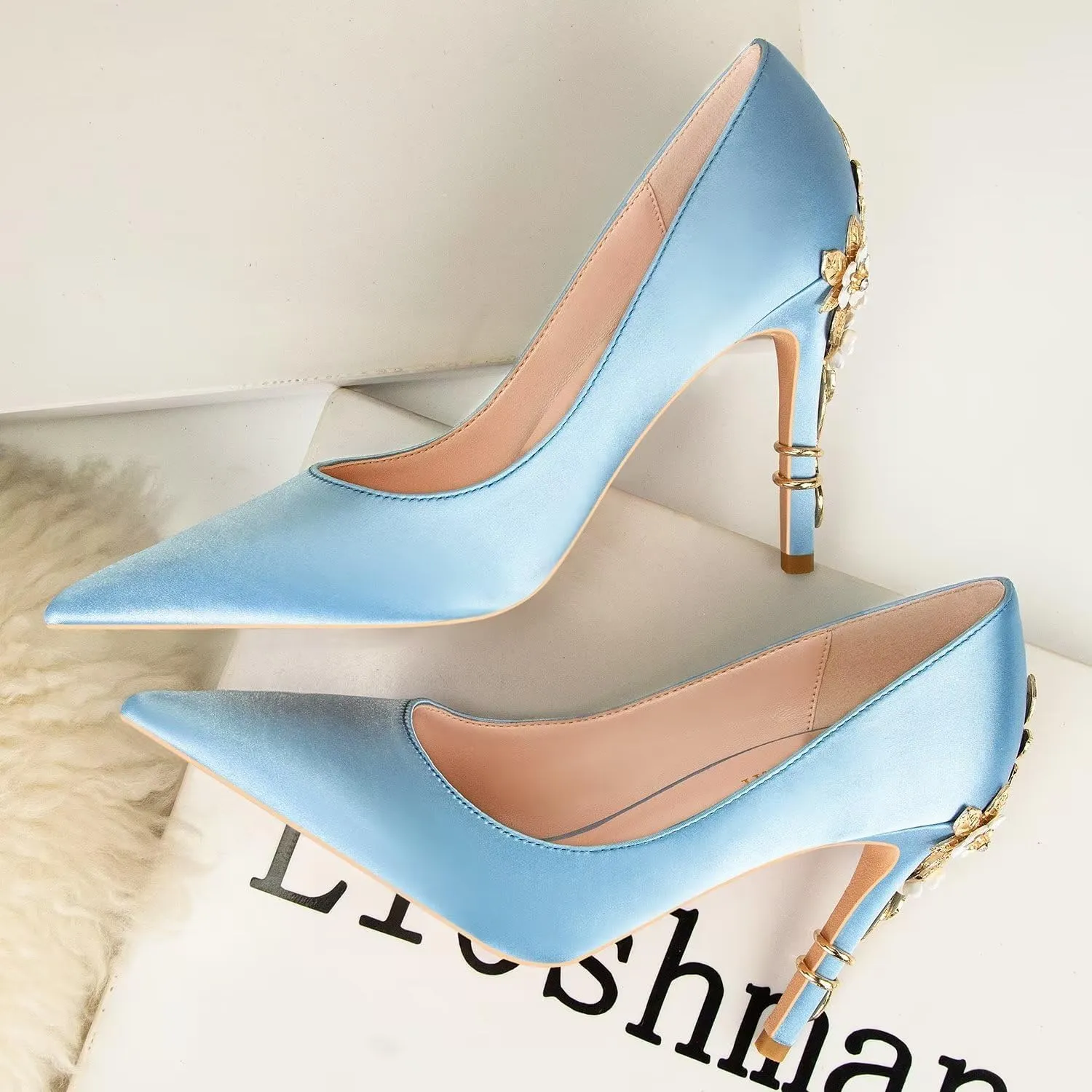LUXINYU Women Pointed Toe Heels Elegant Satin Stiletto Fashion Metal Flower Rhinestone Wedding Dress Shoes Ladies Evening Party Pumps
