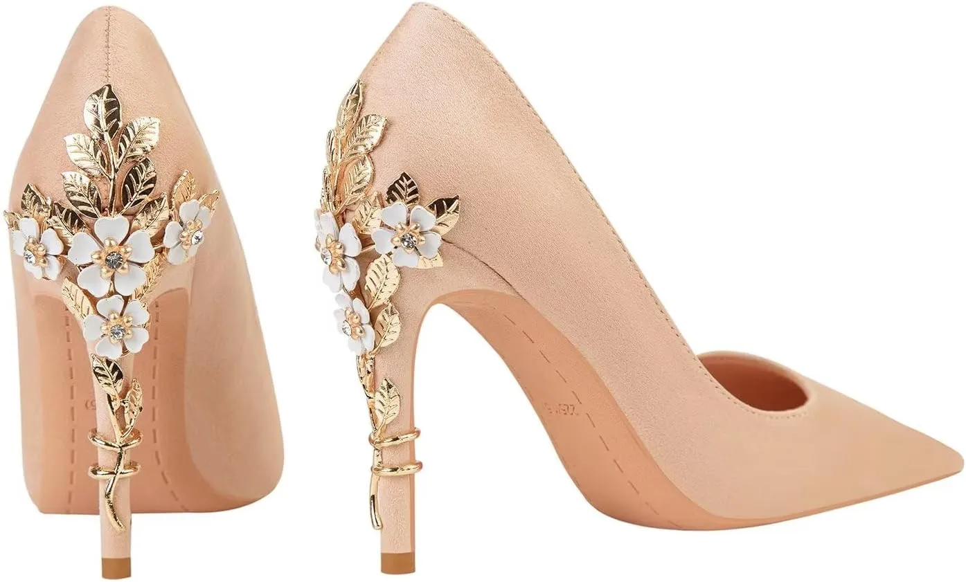 LUXINYU Women Pointed Toe Heels Elegant Satin Stiletto Fashion Metal Flower Rhinestone Wedding Dress Shoes Ladies Evening Party Pumps