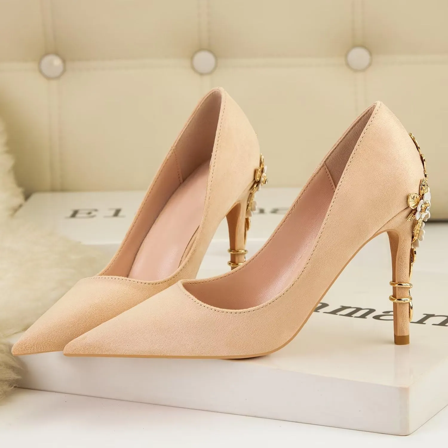 LUXINYU Women Pointed Toe Heels Elegant Satin Stiletto Fashion Metal Flower Rhinestone Wedding Dress Shoes Ladies Evening Party Pumps