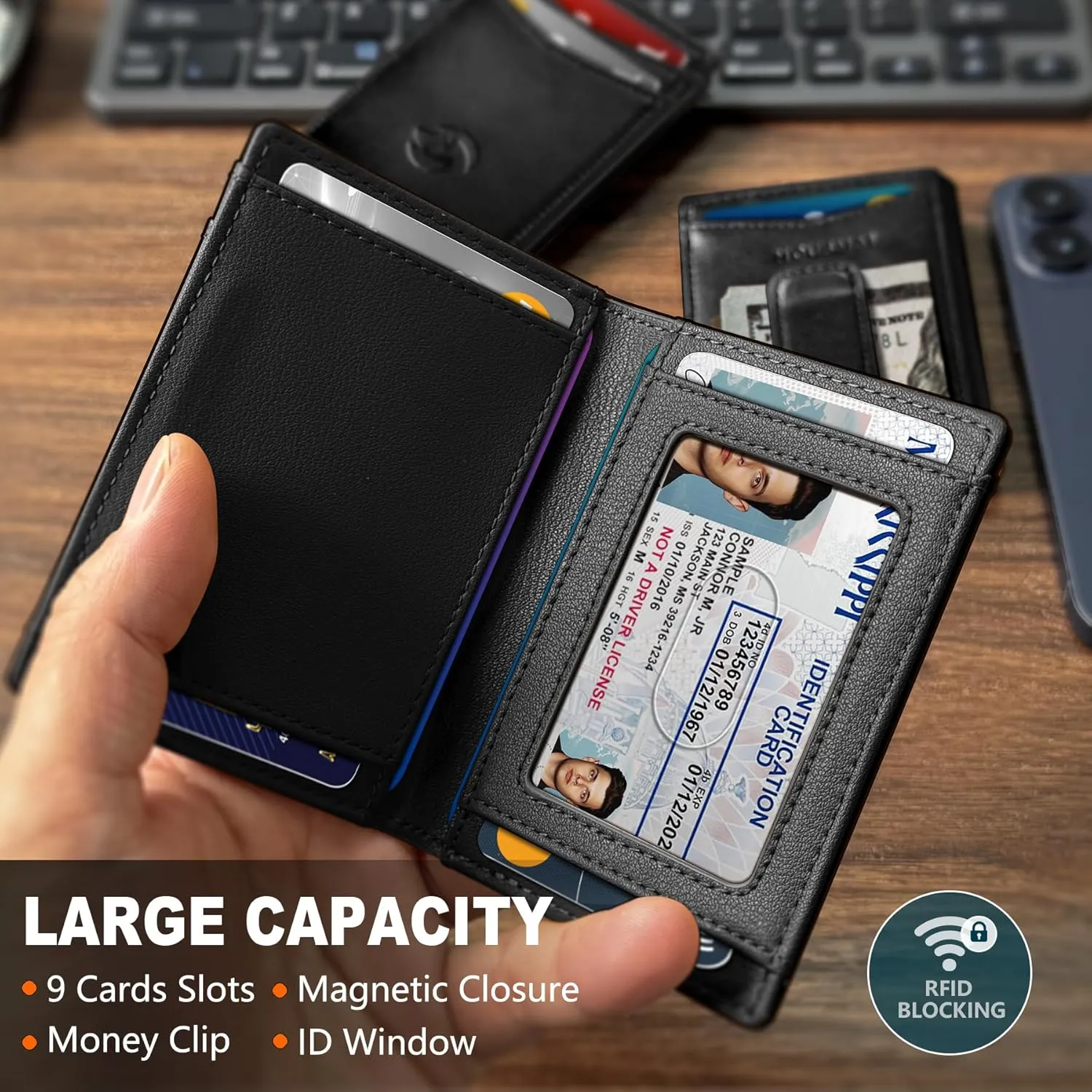 Magnetic Closure Slim Wallet for Men with Money Clip Gift Boxed,Genuine Leather Front Pocket Wallet, 3.9"x 2.7", RFID Blocking