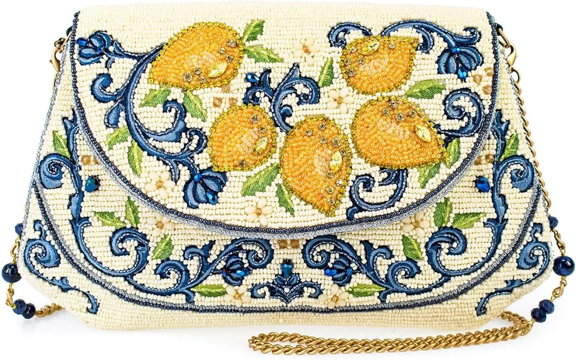 Mary Frances Capri Lemons Beaded Crossbody Handbag Vibrant Fruit Embroidery Novelty Evening Clutch Purse, Multicolor