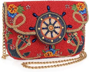 Mary Frances Captain's Helm Beaded Crossbody Handbag Nautical Wheel Clutch Purse Anchor Embellished Evening Bag, Red