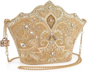Mary Frances Golden Rule Beaded Crown-Shaped Crossbody Handbag with Crystal Embellishments Royal-Inspired Evening Clutch Bag, Gold
